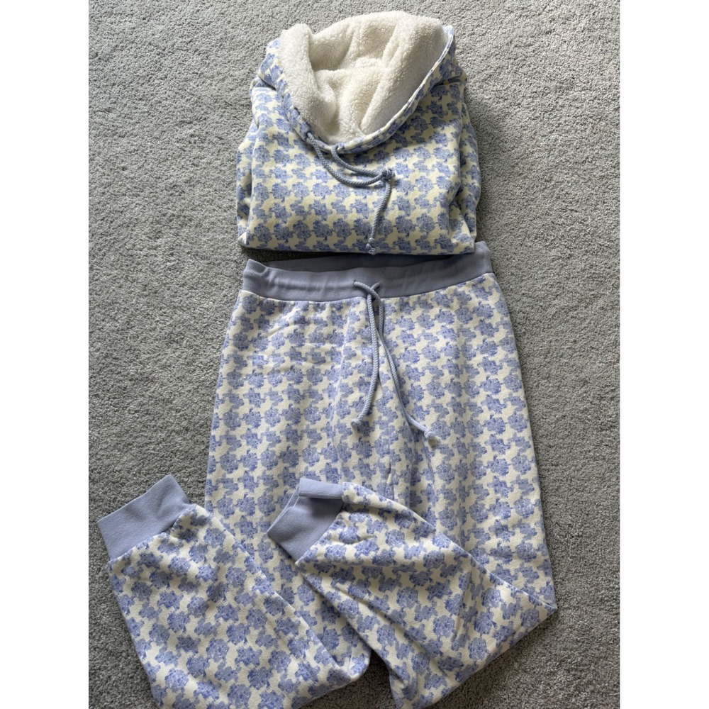 Pajamagram Womens Blue Floral Fleece Hoodie and Joggers Lounge Pajama Set Medium